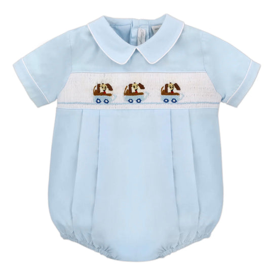 Hand Smocked Light Blue Dogs in Wagon Blue Baby Boy Bubble Romper