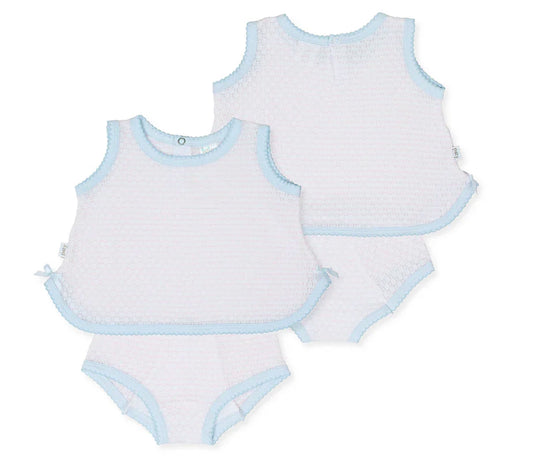 Knit Sleeveless Diaper Set Blue and White with Pink Trim