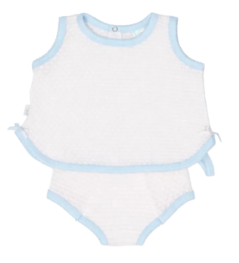 Sleeveless Knit Diaper Set Pink Pinstripe with Blue Trim