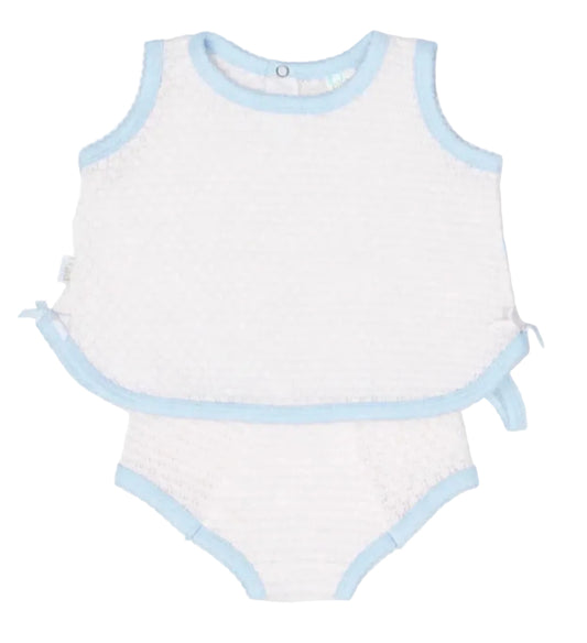 Sleeveless Knit Diaper Set Pink Pinstripe with Blue Trim