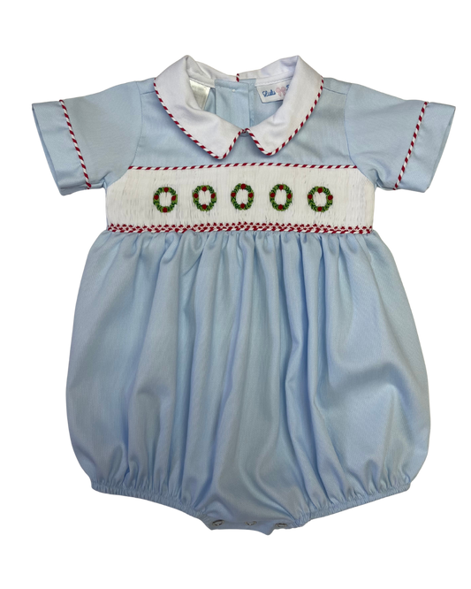 Christmas Wreath Smocked Bubble W/ White Collar