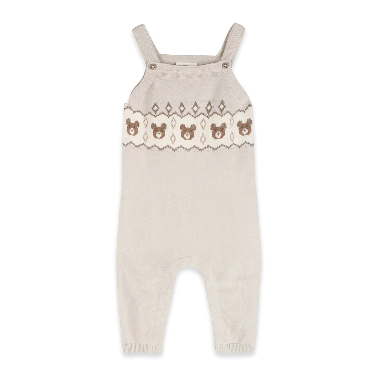 Bear Fair Isle Knit Baby Overall Set - Stone