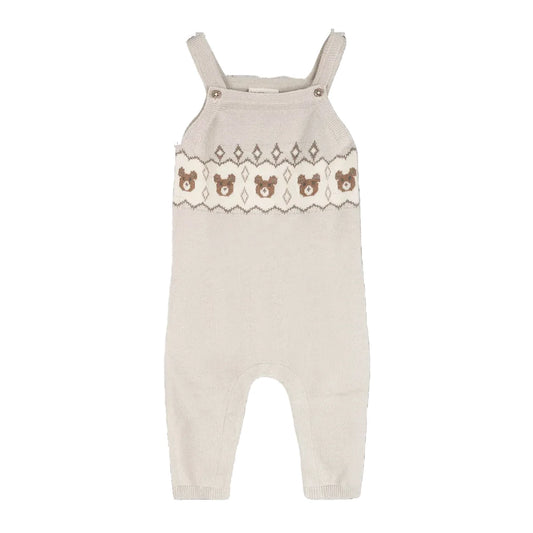 Bear Fair Isle Knit Baby Overall Set - Stone