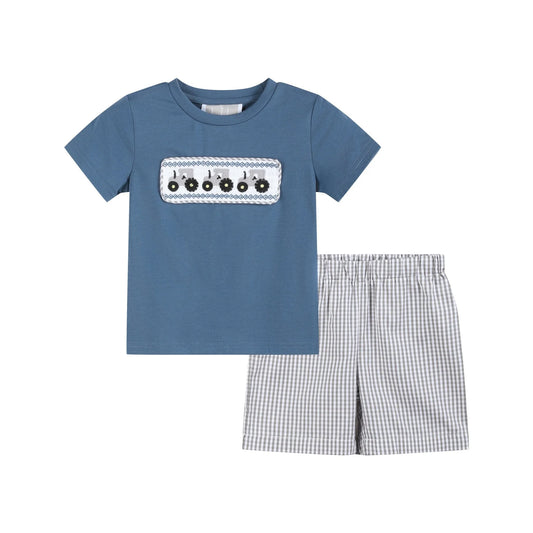 Blue Tractor Smocked Set