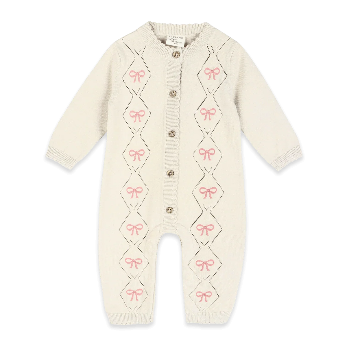Evie Bow Pointelle Knit Baby Jumpsuit - Ecru