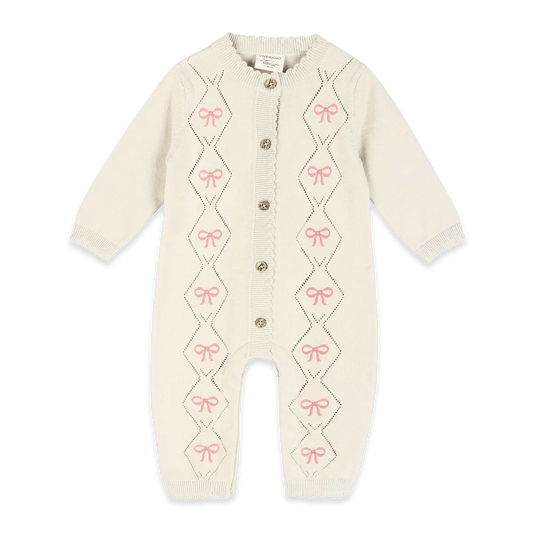 Evie Bow Pointelle Knit Baby Jumpsuit - Ecru