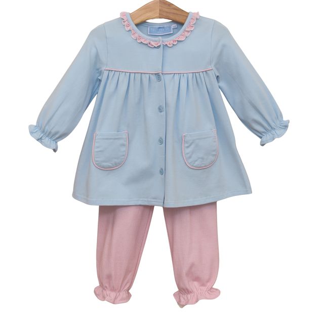 Amelia Bloomer Pant Set- Light Pink Micro Gingham-Light Blue