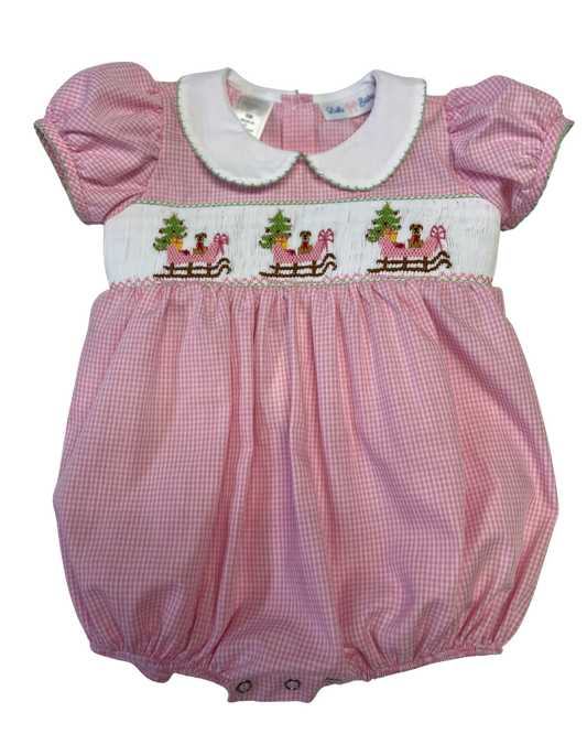 Girl's Santa Sleigh Smocked Collared Bubble