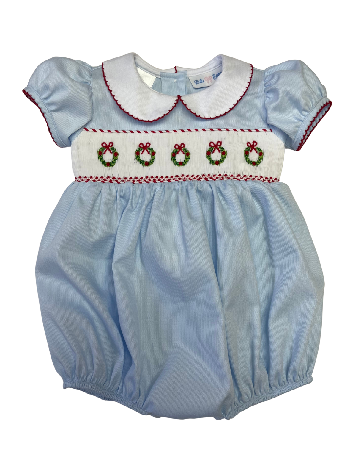 Christmas Wreath Smock Waist Bubble W/ White Collar