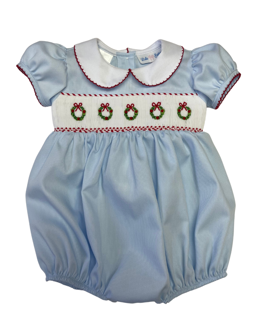 Christmas Wreath Smock Waist Bubble W/ White Collar