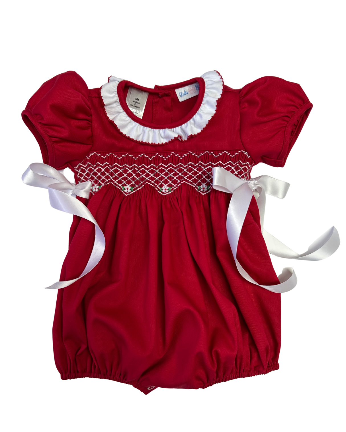 Christmas Embroidered Smock Waist Bubble W/ White Ruffle