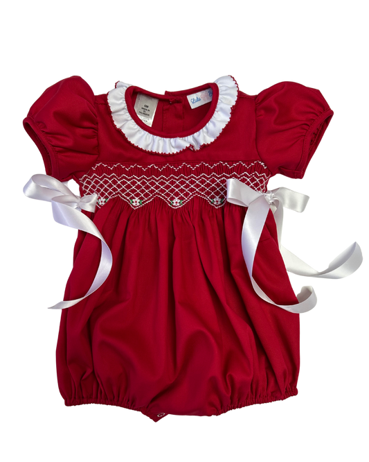Christmas Embroidered Smock Waist Bubble W/ White Ruffle