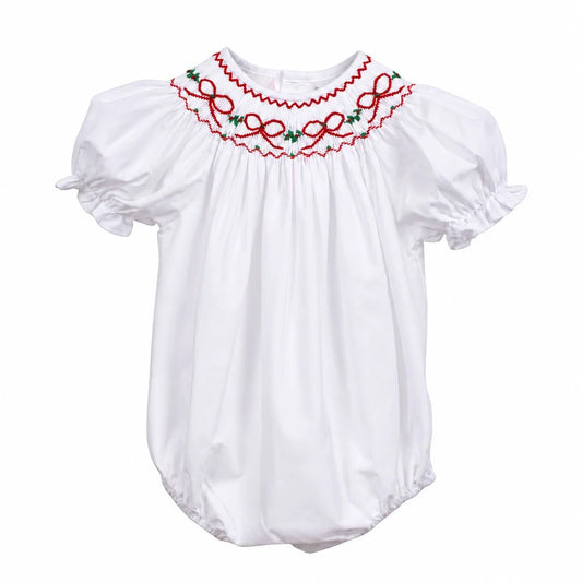 Red Bows & Garland White Smocked Bubble