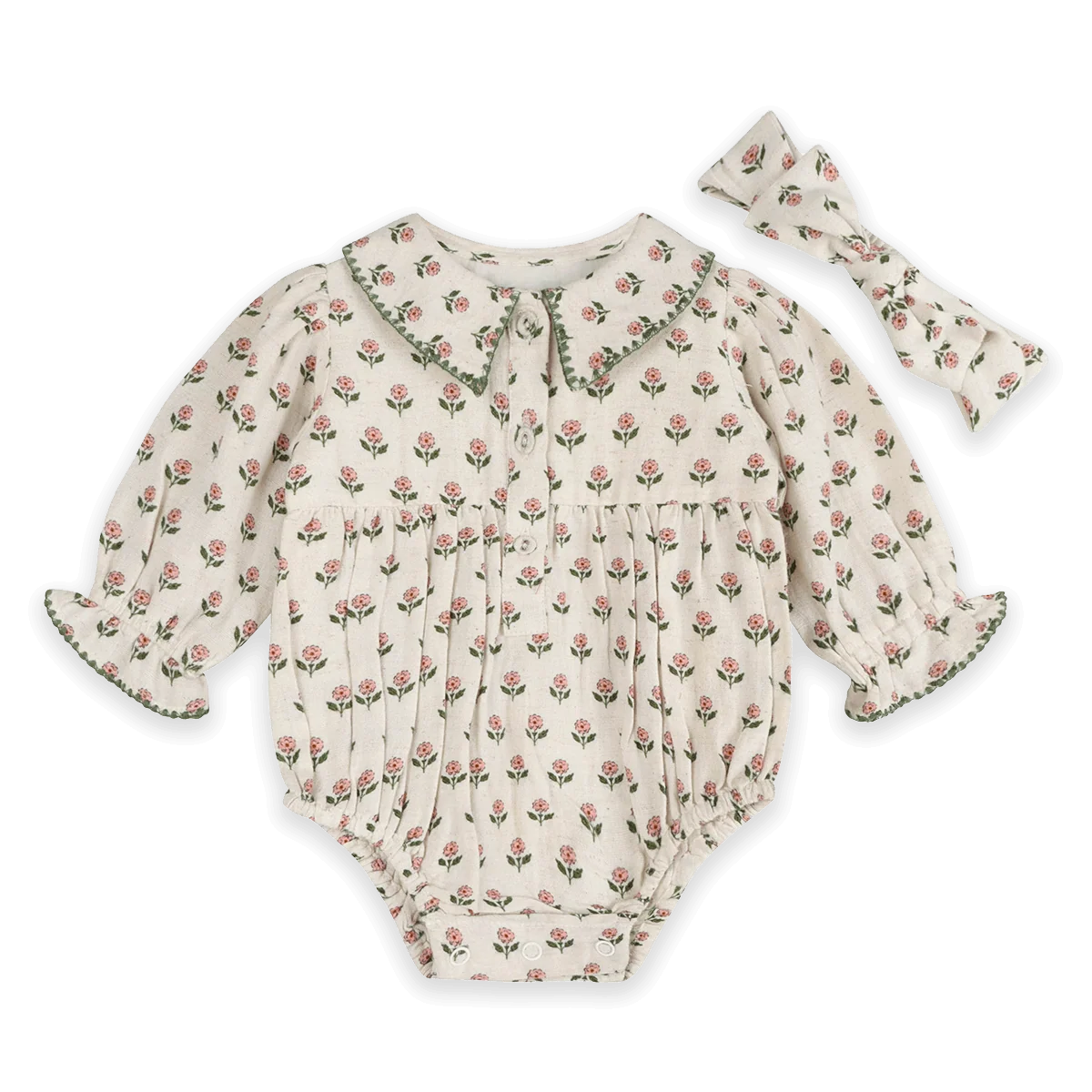 Rosamund Block Print Floral Baby Romper & Headband Set - Pink Floral