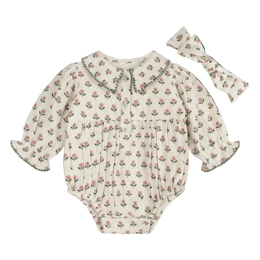 Rosamund Block Print Floral Baby Romper & Headband Set - Pink Floral