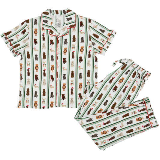 Women's Santa Pups Short Sleeve Button Down Pants Set