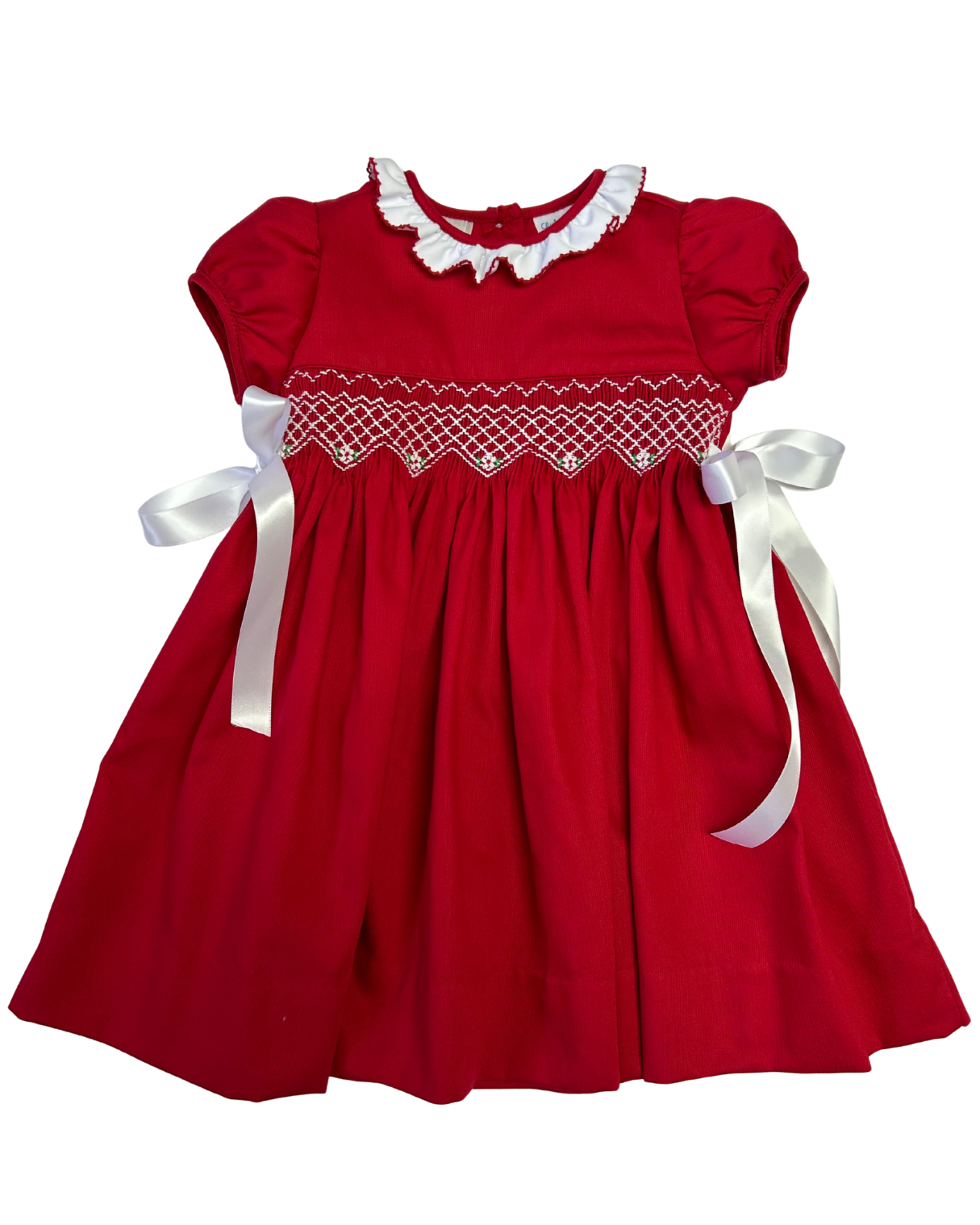 Christmas Embroidered Smock Waist Dress W/ White Ruffle