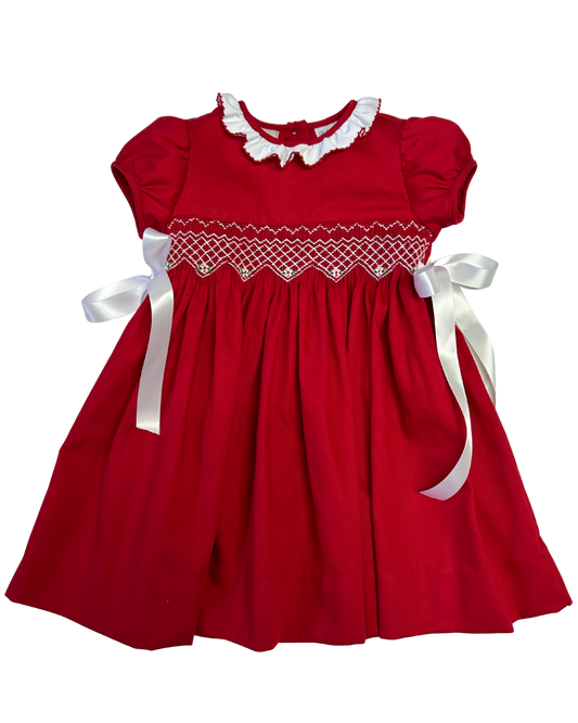 Christmas Embroidered Smock Waist Dress W/ White Ruffle