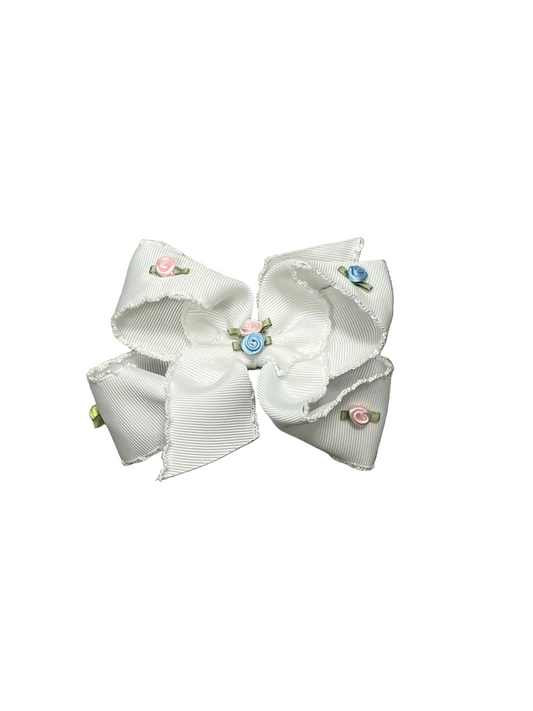 Floral Embellished Crochet Edge Bow White