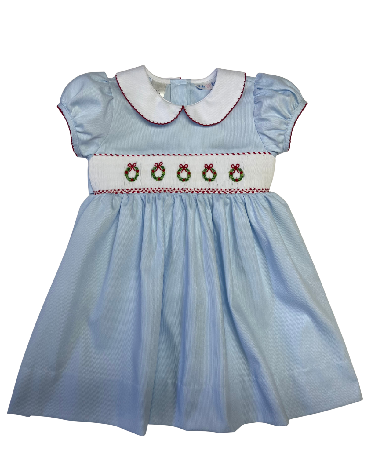 Christmas Wreath Smock Waist Dress W/ White Collar
